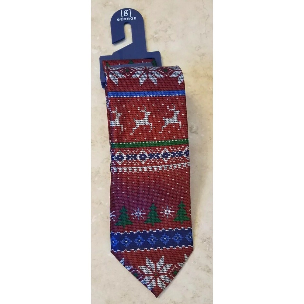 New George Fairisle Men Holiday Neck Tie‎ Red Xmas Snowflakes Reindeer Trees
